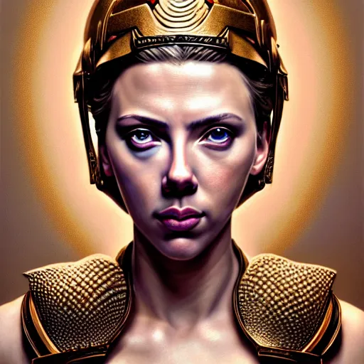 Image similar to hyperrealistic mixed media painting of beautiful goddess Athena played by Scarlett Johansson, stunning 3d render inspired art by P. Craig Russell and Barry Windsor-Smith, perfect facial symmetry, dim volumetric lighting, 8k octane beautifully detailed render, post-processing, portrait, extremely hyper-detailed, intricate, epic composition, brown brown brown eyes, realistic eyes, cinematic lighting, masterpiece, trending on artstation, detailed detailed detailed, masterpiece, stunning