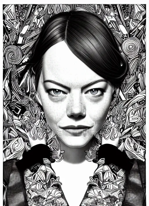 Image similar to portrait of emma stone an ultrafine detailed illustration by james jean, intricate linework, bright colors, final fantasy, behance contest winner, vanitas, angular, altermodern, unreal engine 5 highly rendered, global illumination, radiant light, detailed and intricate environment