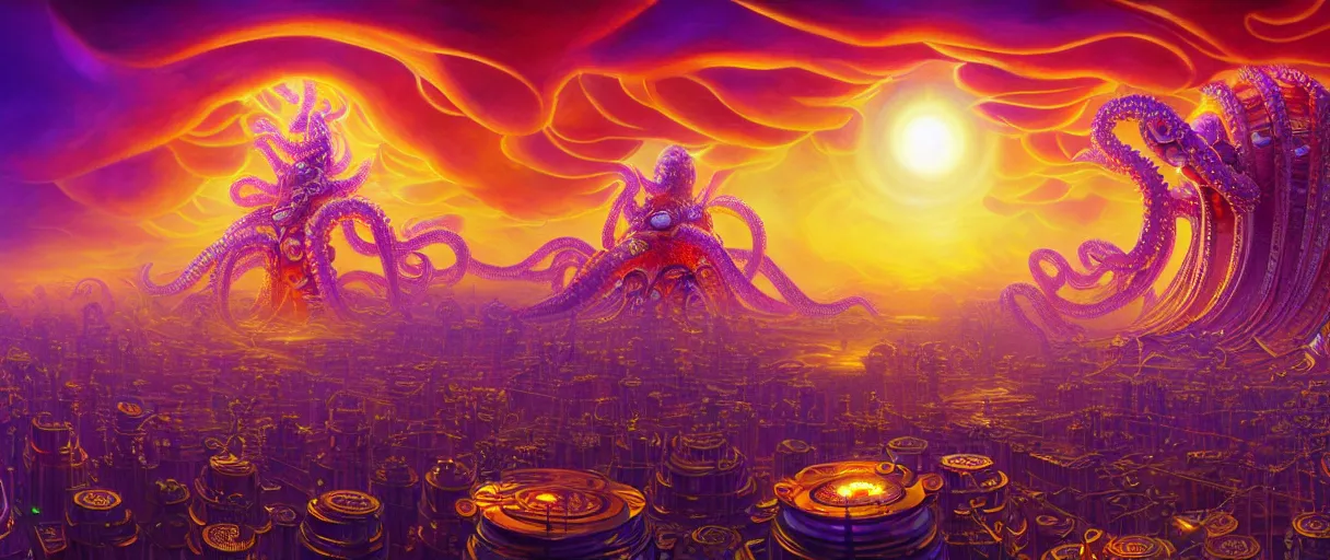 Prompt: hyper-ornate bio-morphic sky city built on giant orange and purple cyborg octopus puffy clouds matte painting concept art alex grey salvador dali cinematic soft glow lighting high angle hd 8k sharp shallow depth of field