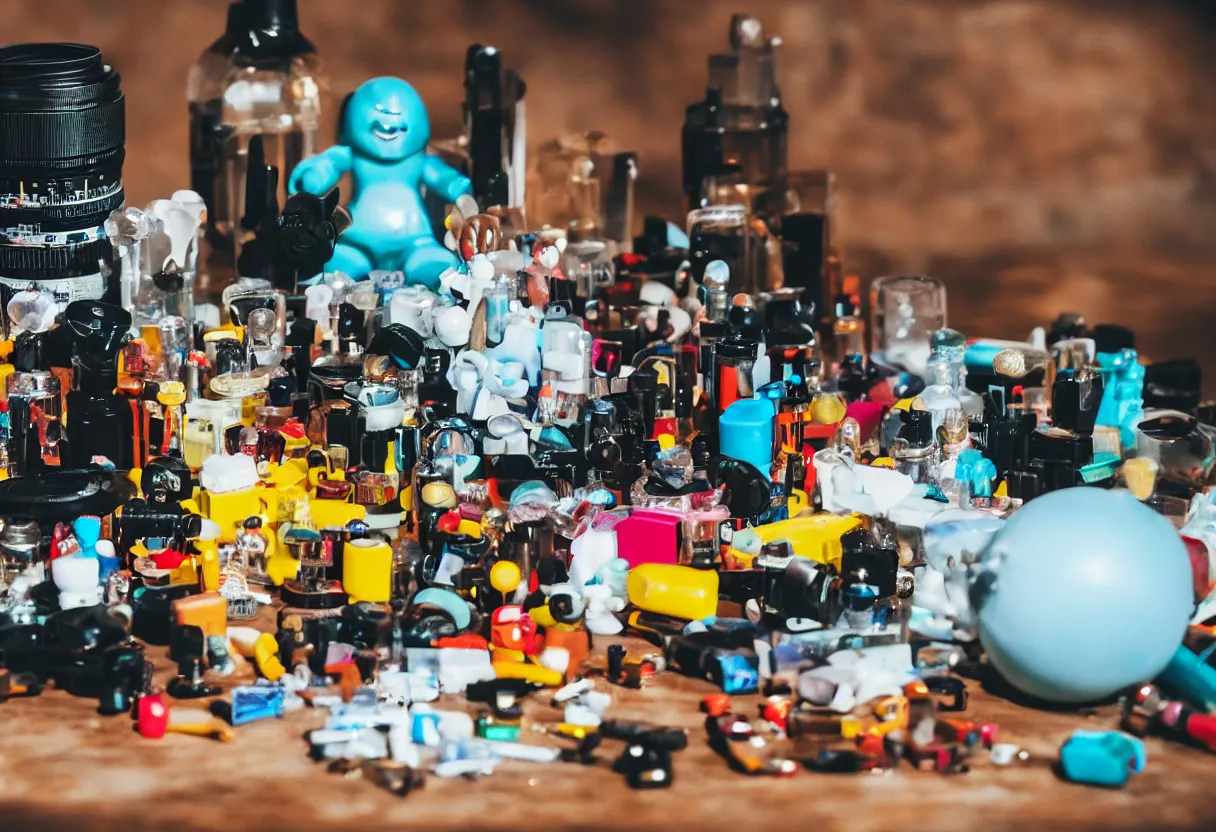 Prompt: wide dslr photo still of an occult toy on a table cluttered with drug paraphernalia