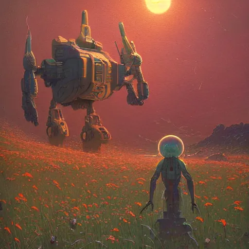 Image similar to a fantastic hyperdetailed 3 d matte painting of a giant robot partially covered in overgrowing wildflowers on an alien planet under arctic moonlight by moebius by beeple by by jakub rozalski by paul lehr by dan mumford