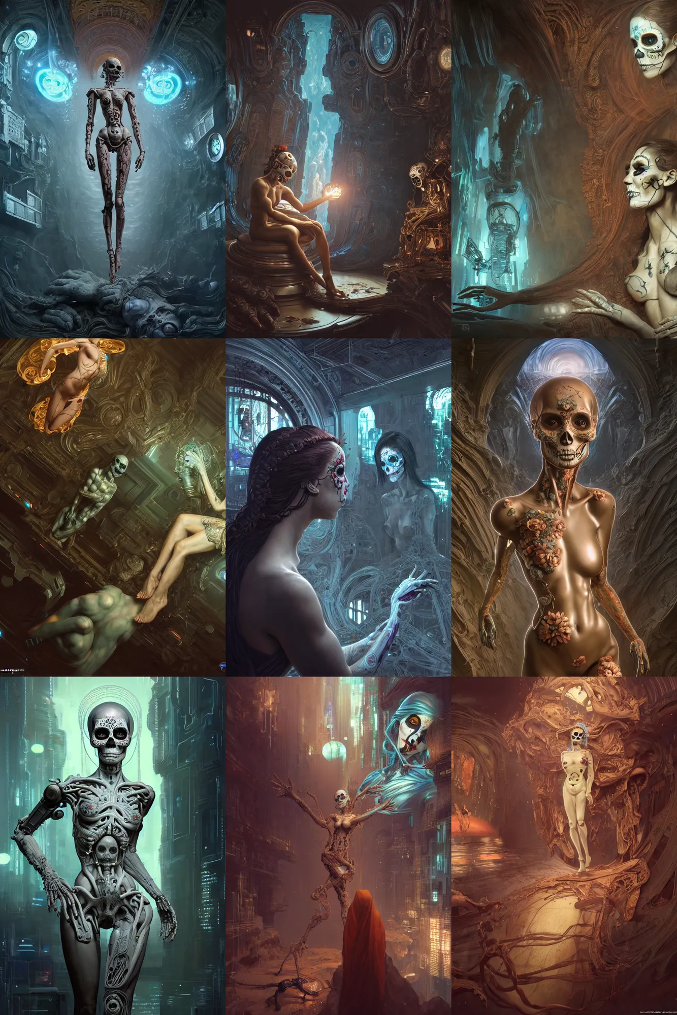 Prompt: creation of adam, female android, intricate detailed environment, professional digital painting, ( ( dia de los muertos ) ), concept art, extreme illustration, unreal engine 5, photorealism, hd, 8 k, 3 d, beautiful, cinematic, ( cyberpunk ). art by michelangelo, artgerm, greg rutkowski, alphonse mucha, loish, wlop