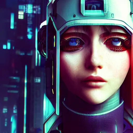 Image similar to A cyberpunk portrait of a cute woman with one robotic eyes, robot, cyborg, detailed, textured, artstation, Blade Runner, Ghost in the Shell, Alita, Battle Angle, Cyberpunk 2077, Pinterest, photorealism, octane render.