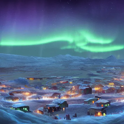 Image similar to A highly detailed digital art painting of a legendary mythical Hyperborean city in tundra at night, Aurora Borealis, by Deborah Horner, by Artgerm, by beeple, volumetric lighting, octane render, sharp detail, intricate, hyperrealistic, 4K resolution, trending on artstation