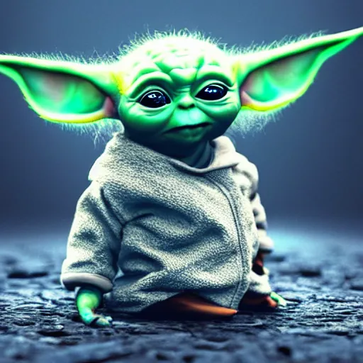 Image similar to full body pose, hyperrealistic photograph of a unique baby yoda, dim volumetric lighting, 8 k, octane beautifully detailed render, extremely hyper detailed, intricate, epic composition, cinematic lighting, masterpiece, trending on artstation, very very detailed, stunning, hdr, smooth, sharp focus, high resolution, award, winning photo, dslr, 5 0 mm