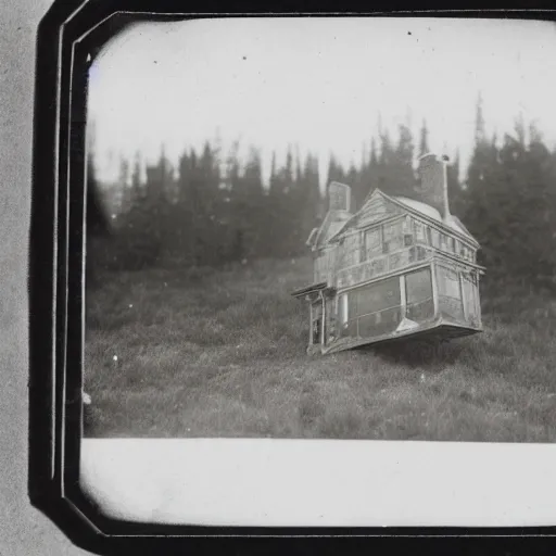 Prompt: A tintype photo of a house floating 10 feet above the ground. The house has legs and is walking away