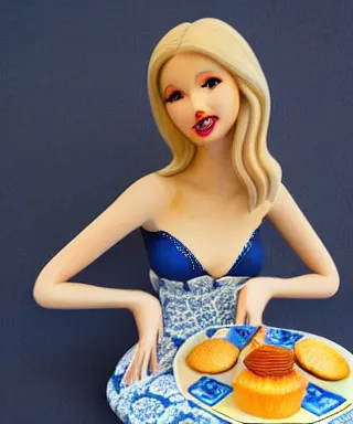 Image similar to blonde women in blue tight short dress sitting on big cake, photorealistic image