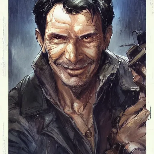 Prompt: portrait of a treasure hunter, grizzled man smiling brightly in his 5 0 s with dark hair and sharp cheekbones, dressed in expensive clothes, detailed face, smooth, sharp focus, graphic novel, art by artgerm and greg rutkowski and pepe larraz,