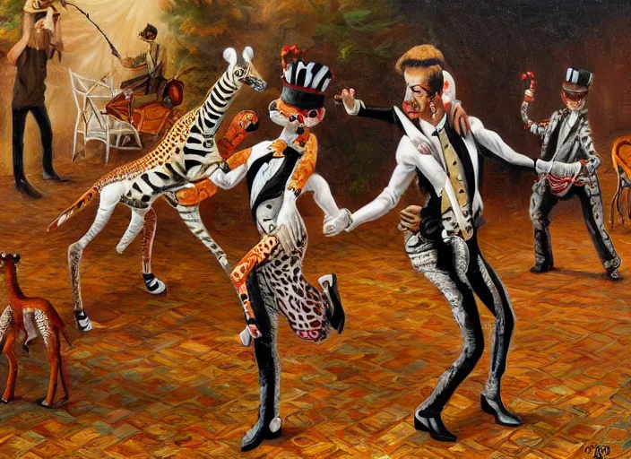 Image similar to a ballroom dance with 🦓🦒, 8 k lowbrow oil on canvas, in the style of greg simkins!