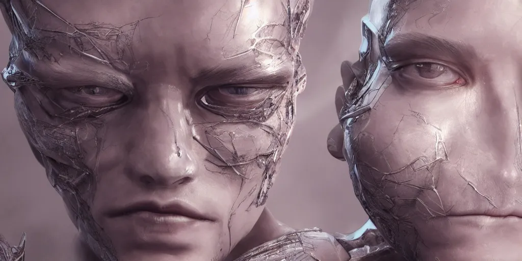 Image similar to hyper realistic photography of a stunningly beautiful cyborg male, elbow, thy, intimate, holding close, reflective chrome in the style of beth cavener, jin kagetsu,, and wlop, highly detailed, intricate filigree,, masterpiece, award winning, sharp focus, concept art, ringflash lighting, ambient lighting, octane render, 8 k, artstation
