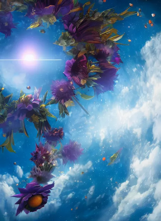 Image similar to An epic fantastic realism comic book style painting of the most beautiful flowers launched into space, bouquets, solar eclipse, fisheye, unreal 5, DAZ, hyperrealistic, octane render, dynamic lighting