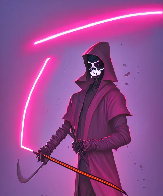 Image similar to a portrait of a neon grim reaper holding a scythe, fantasy, elegant, digital painting, artstation, concept art, matte, sharp focus, illustration, art by josan gonzalez