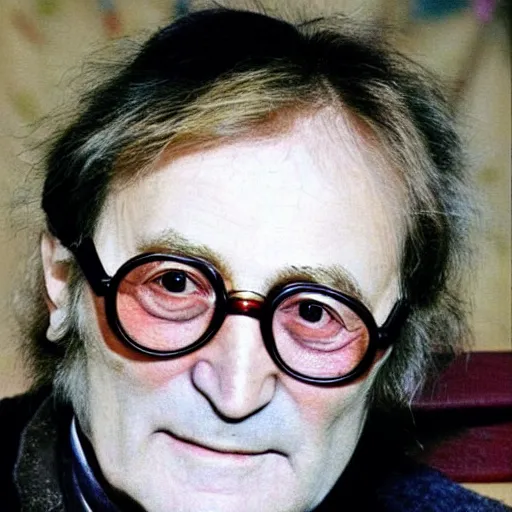 Image similar to A colored colorized real photograph of old John Lennon as an old man in his eighties with short hair in the 2010s, Old John Lennon, taken in the early 2020s, taken on a 2010s Camera, realistic, hyperrealistic, very realistic, very very realistic, highly detailed, very detailed, extremely detailed, detailed, digital art, trending on artstation, headshot and bodyshot, detailed face, very detailed face, very detailed face, real, real world, in real life, realism, HD Quality, 8k resolution, intricate details, colorized photograph, colorized photo, John Lennon as an old man with short hair, old, old man, headshot and bodyshot, old man that looks like John Lennon with short hair, old guy with short hair