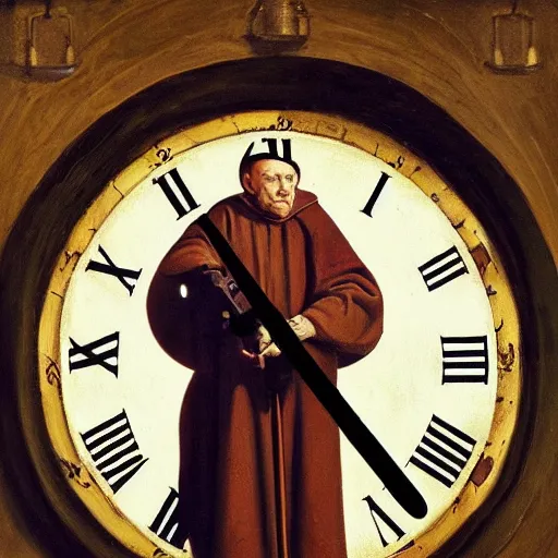 Image similar to medieval monk maintaining an enormous, complex, mechanical clock, oil painting, warm lighting, realistic, trending on artstation