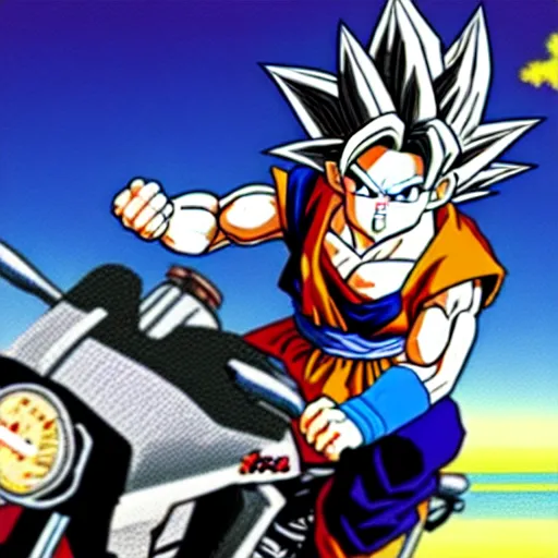 Prompt: goku riding his goku motorcycle