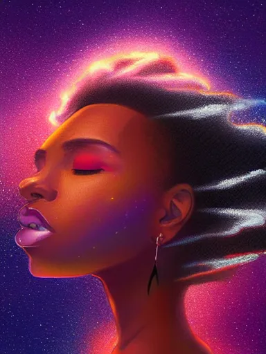 Image similar to digital painting of a black female celestial being experiencing nirvana in space, colorful nebulas in the background, highly detailed, intricate design, 8k, artstation, illustration by Victor Mosquera, Krenz Cushart