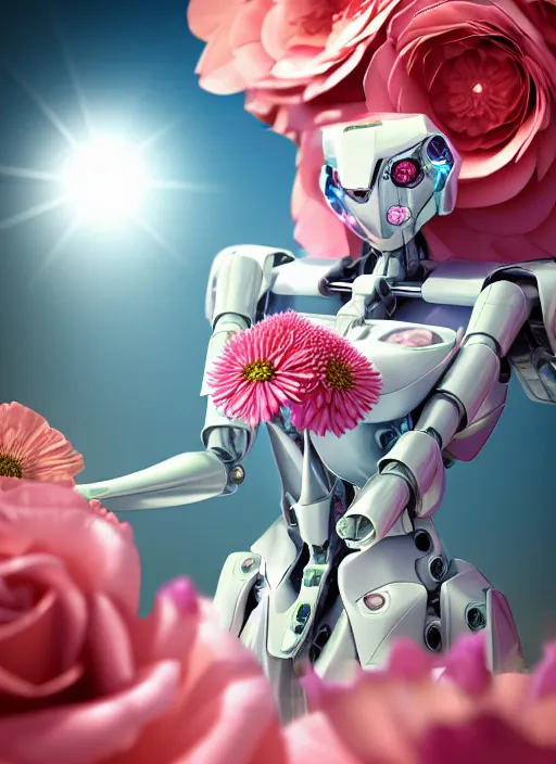 Image similar to mecha holding perfume bottle blooming from corals, daisies, roses contoured smooth fair walls carrying perfume bottle, up close shot, sharp focus, global illumination, radiant light, alexandre ferra white mecha, irakli nadar, octane highly render, 4 k, ultra hd,