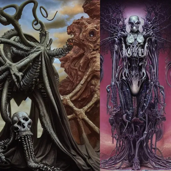 Image similar to still frame from Prometheus by Giger, bone lich God Dr doom by Wayne Barlowe by peter Mohrbacher, dressed by Alexander McQueen and by Neri Oxman, metal couture editorial