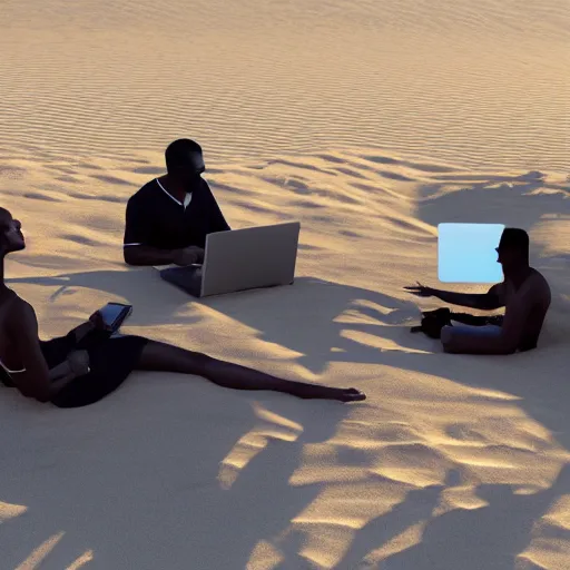 Prompt: group of black people working with macbook sitting on the beach sand, photorealism, ultra detailed, dynamic light