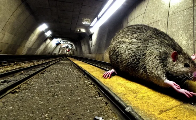 Prompt: very large giant mutant antropomorphic rat staying on railways in tonnel of moscow subway. extreme high detail. low light, scary atmosphere, darkness