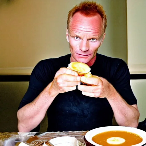 Image similar to sting the singer eating a banana creme brule ( dont ask )