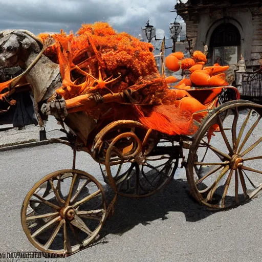 Image similar to The mixed mediart features a human figure driving a chariot. The figure is skeletal and frail, with a large head and eyes. The chariot is pulled by two animals, which are also skeletal and frail. carrot orange, in France by Enki Bilal opulent