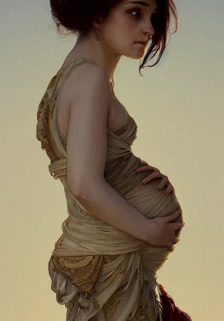 Image similar to pregnant mummy mummy mummy, intricate, elegant, highly detailed, digital painting, artstation, concept art, smooth, sharp focus, illustration, art by artgerm and greg rutkowski and alphonse mucha and william - adolphe bouguereau