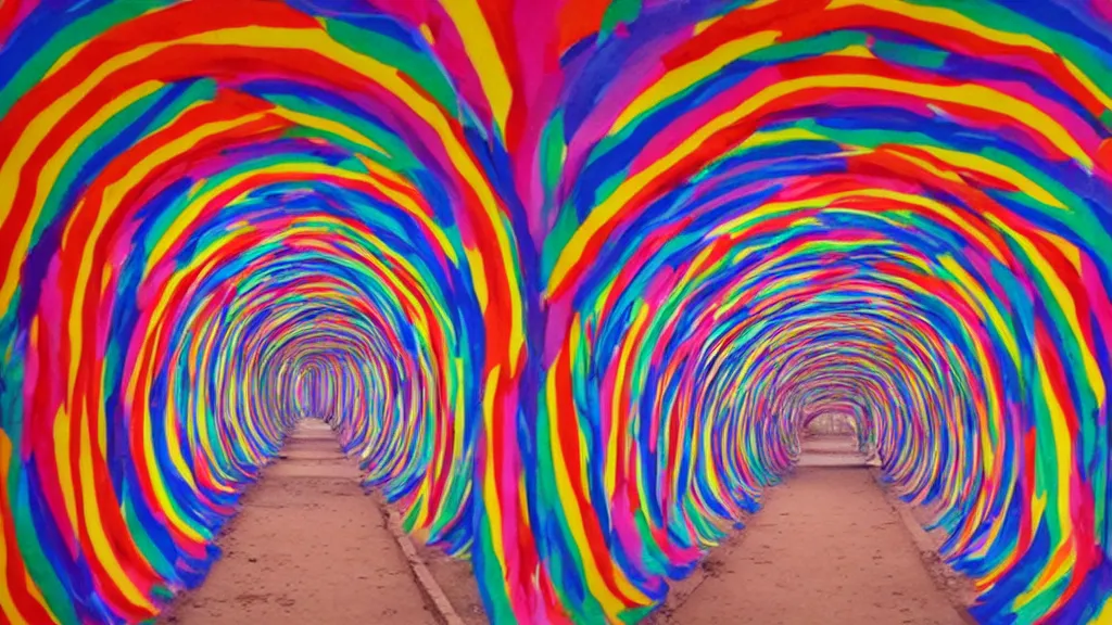 Image similar to A tunnel made out of hearts, rainbow color scheme