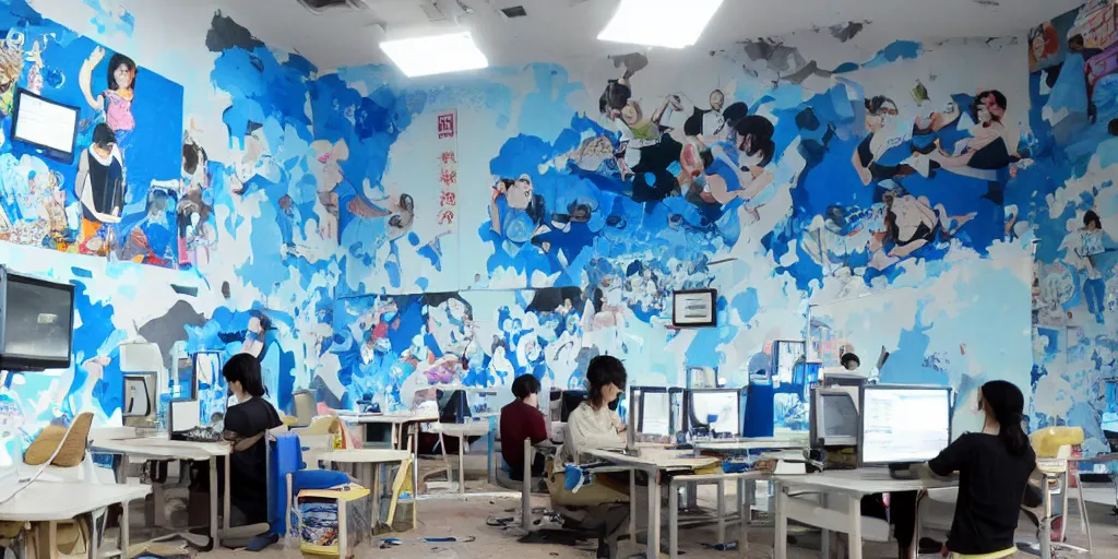 Prompt: a flickr screenshot of an abandoned internet cafe with a blue wall mural, and a japanese sign, with artworks of people playing on computers on the mural