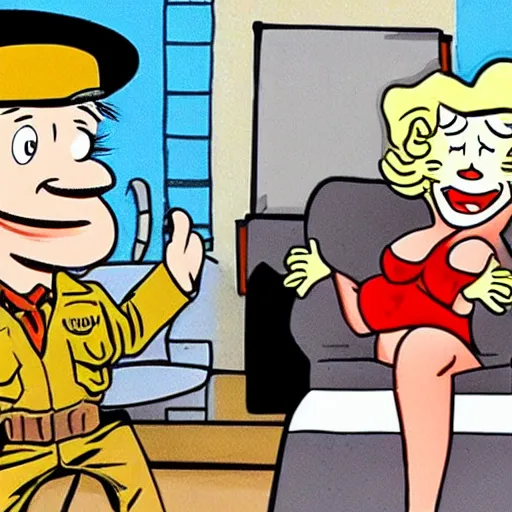 Image similar to beetle bailey hanging out with marilyn monroe in the style of mort walker