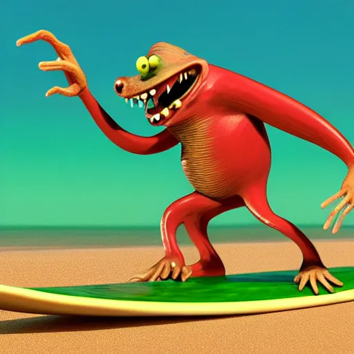 Prompt: peculiar creatures like rat fink surfing in santa cruz, basil wolverton, octane render