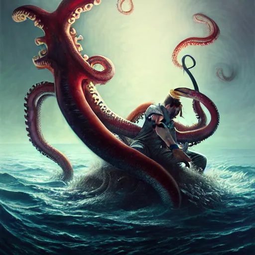 Prompt: a dream fantasy painting of a a man fighting a giant octopus in the deep of the ocean, by beksinki, giger, greg rutkowski, carne griffith trending on artstation, deviantart, photorealism