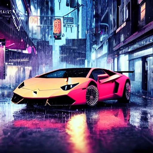 Image similar to Lamborghini in a cyberpunk street, realistic, high details, rain, night, 4k