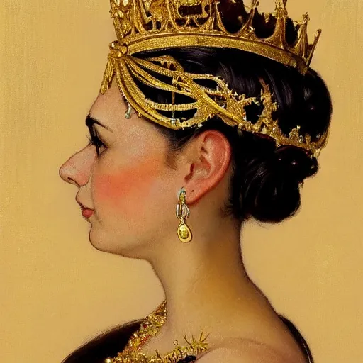 Prompt: side portrait of a young queen with a golden jeweled crown, head only, headshot, royalty, surrounded by gold leaves by Stanley Artgerm Lau , greg rutkowski, thomas kindkade, alphonse mucha, loish, norman rockwell, J. C. Leyendecker. white hair, black eyes, mouth slightly open, thorn border around the image. D&D, fantasy. Trending on artstation rule of thirds, detailed illustration, detailed lighting hd 4k