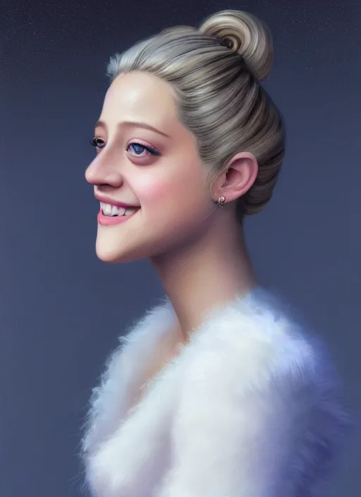 Image similar to portrait of lili reinhart with fluffy bangs, smiling kindly, bangs, 1 9 6 0 s, ponytail, curly bangs and ponytail, rounder face, intricate, elegant, glowing lights, highly detailed, digital painting, artstation, concept art, smooth, sharp focus, illustration, art by wlop, mars ravelo and greg rutkowski