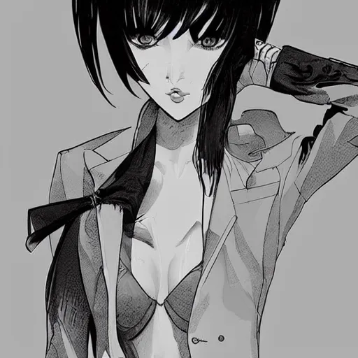 Image similar to slim beautiful killer girl in tuxedo with short black hair, elegant, 2d, ultra highly detailed, digital painting, smooth, sharp focus, artstation, black and white art by Tsutomu Nihei