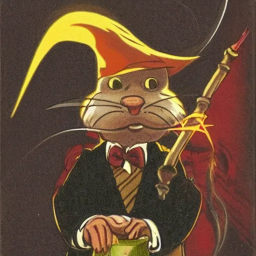 Prompt: a wizard rat smokes a pipe atop a mountain, 1930 photograph, colorized, full body, fancy clothes, magical particles