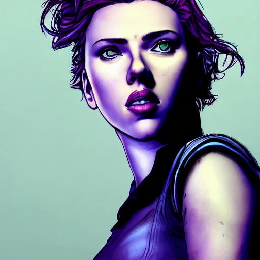 Prompt: scarlett johansson portrait, borderlands, tales from the borderlands, the wolf among us, comic, cinematic lighting, studio quality, 8 k