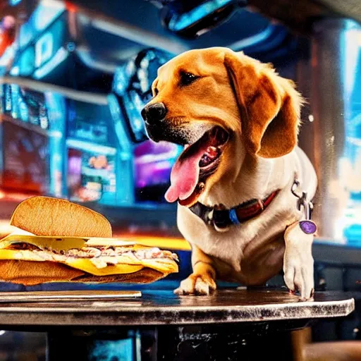 Image similar to dog eating a sandwich in a bar on an alien planet, cyberpunk