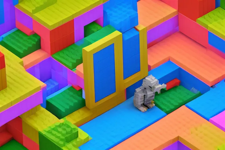 Image similar to a 3d voxel character crawling out of 2d pixels on a tv screen, colorful living room