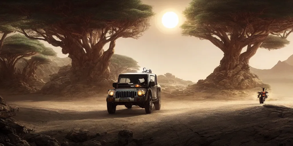 Prompt: mahindra thar riding through moonlit socotra island with dragon trees, starry night, chasing action scene, epic fantasy, sharp focus, trending on ArtStation, masterpiece, by Greg Rutkowski, by Ross Tran, by Fenghua Zhong, octane render, soft render, ultrarealistic, colorful, cinematic, matte painting, shadow of the tomb rider