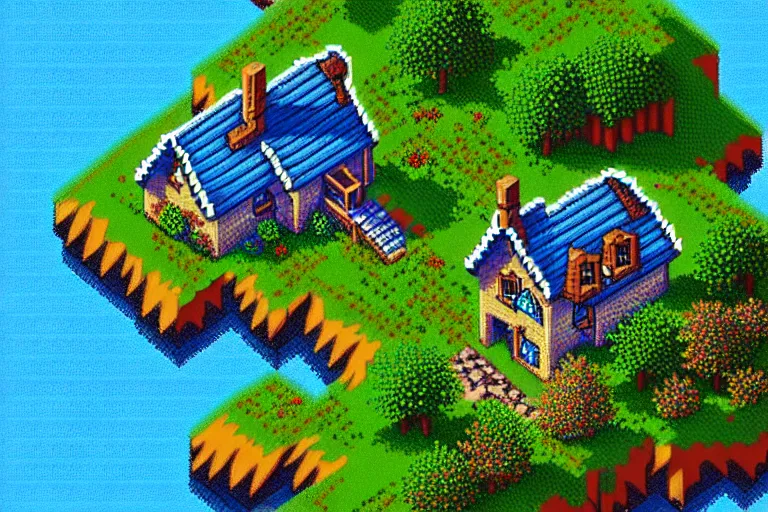 Image similar to view of a cottage above an azure lake, beautiful detailed pixelart by albertov and by pixel jeff in the style of ultima vii, intricate details, beautifully dithered gradients, volumetric lighting, cgsociety, artstation, 2 d