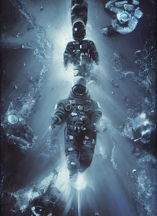 Image similar to astronauts in dark void underwater - complex and hyperdetailed technical suit. reflection and dispersion materials. rays and dispersion of light. volumetric light. f / 3 2. noise film photo. flash photography. ultra realistic, wide angle. poster by wayne barlowe, hajime sorayama aaron horkey, craig mullins