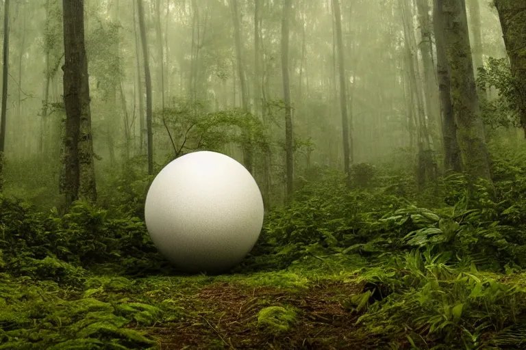 Image similar to a complex organic fractal 3 d ceramic sphere floating in a lush forest, foggy, cinematic shot, photo still from movie by denis villeneuve