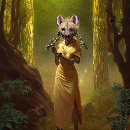 Prompt: a female hyena hyenawoman canine in robes alone in a dark forest. night zootopia fursona furaffinity furry art detailed face painting by gaston bussiere craig mullins jc leyendecker gustav klimt artgerm greg rutkowski furry