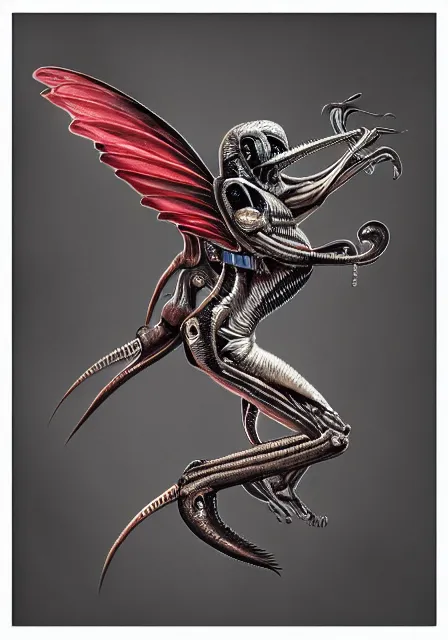 Image similar to a hummingbird - xenomorph, designed by h. r. giger, sci fi, intricate, extremely hyperdetailed, sharp focus, masterpiece, trending on artstation