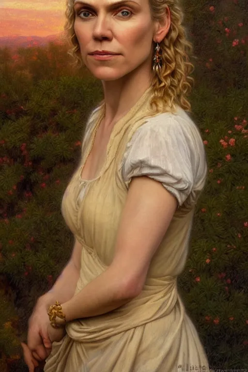Prompt: detailed oil portrait of rhea seehorn, full head, dreamlike whistful expression, new mexico background painted by pierre auguste cot, very romantic, beautiful textures, desert sky, golden hour lighting