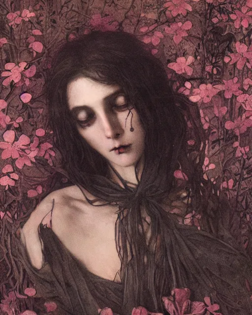 Prompt: a beautiful but sinister and creepy woman in layers of fear, with haunted eyes, violence in her eyes, 1 9 7 0 s, seventies, delicate embellishments, a little blood, woodland, moonlight shining on wildflowers, painterly, offset printing technique, by alexandre cabanel