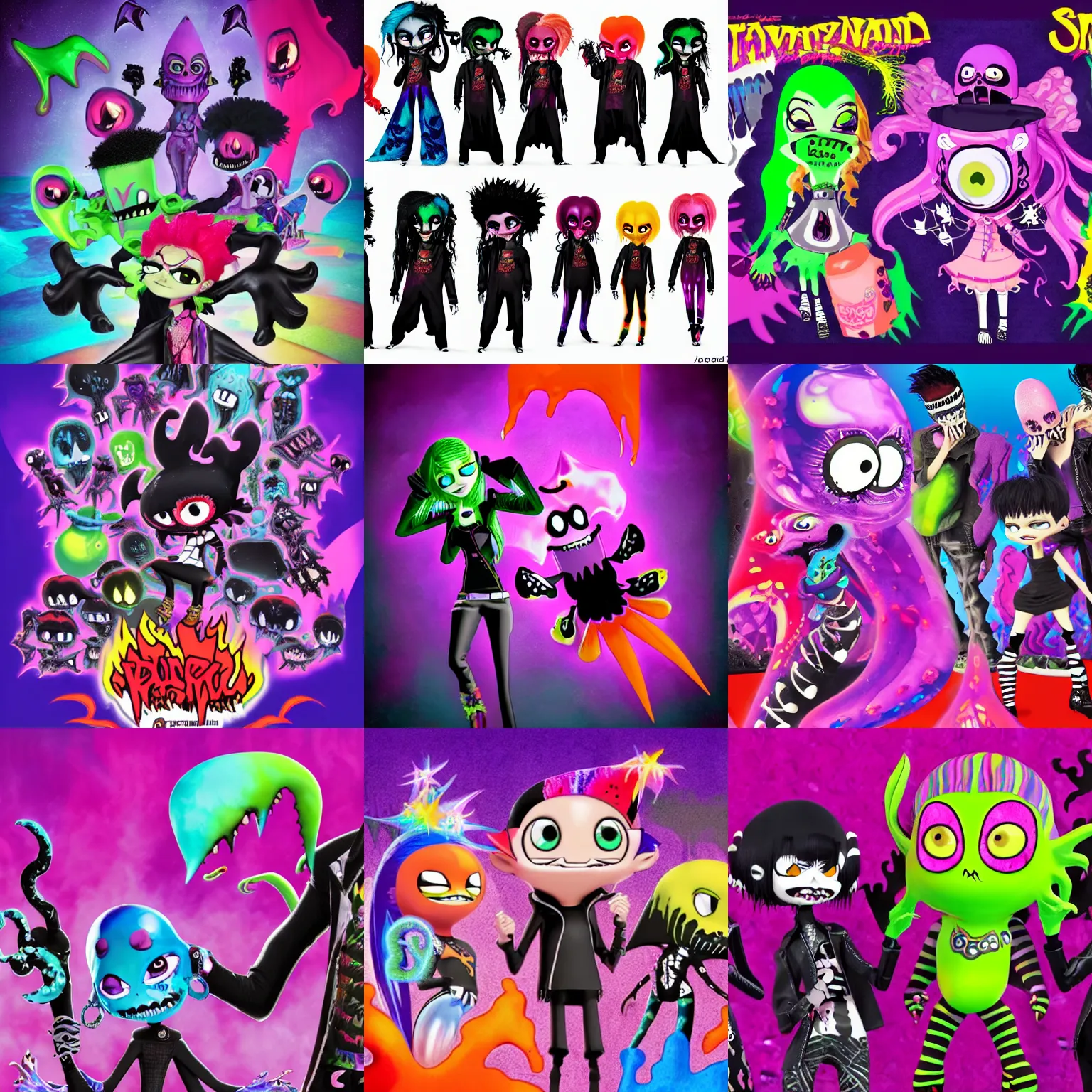 Prompt: CGI lisa frank gothic emo punk vampiric rockstar vampire squid with translucent skin conceptual character designs of various shapes and sizes by genndy tartakovsky and splatoon by nintendo for the new hotel transylvania film starring a vampire squid kraken monster rockstar