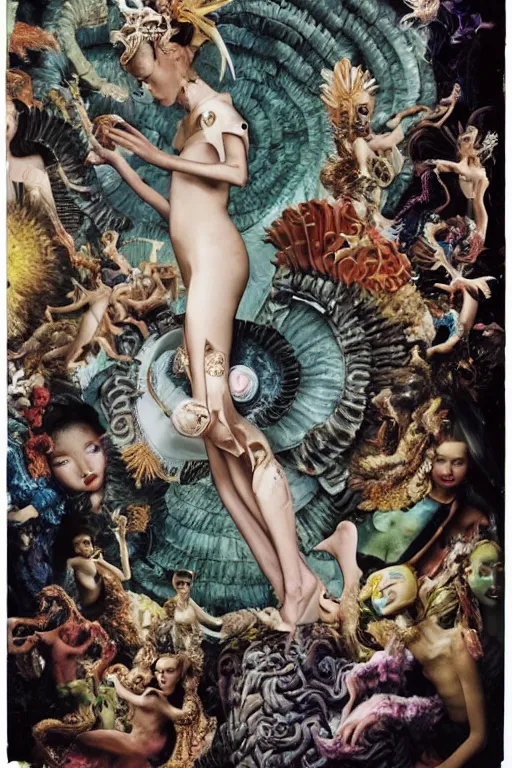Prompt: instax of Evolution of Humankind from Vogue editorial fashion photography, dressed by Givenchy and Salvatore Ferragamo, haute couture painted by Andrea Pozzo, still frame of Pan's Labyrinth and Prometheus by Guo Jian and Yue Minjun, in lush brain coral femur by Javier Medellin Puyou